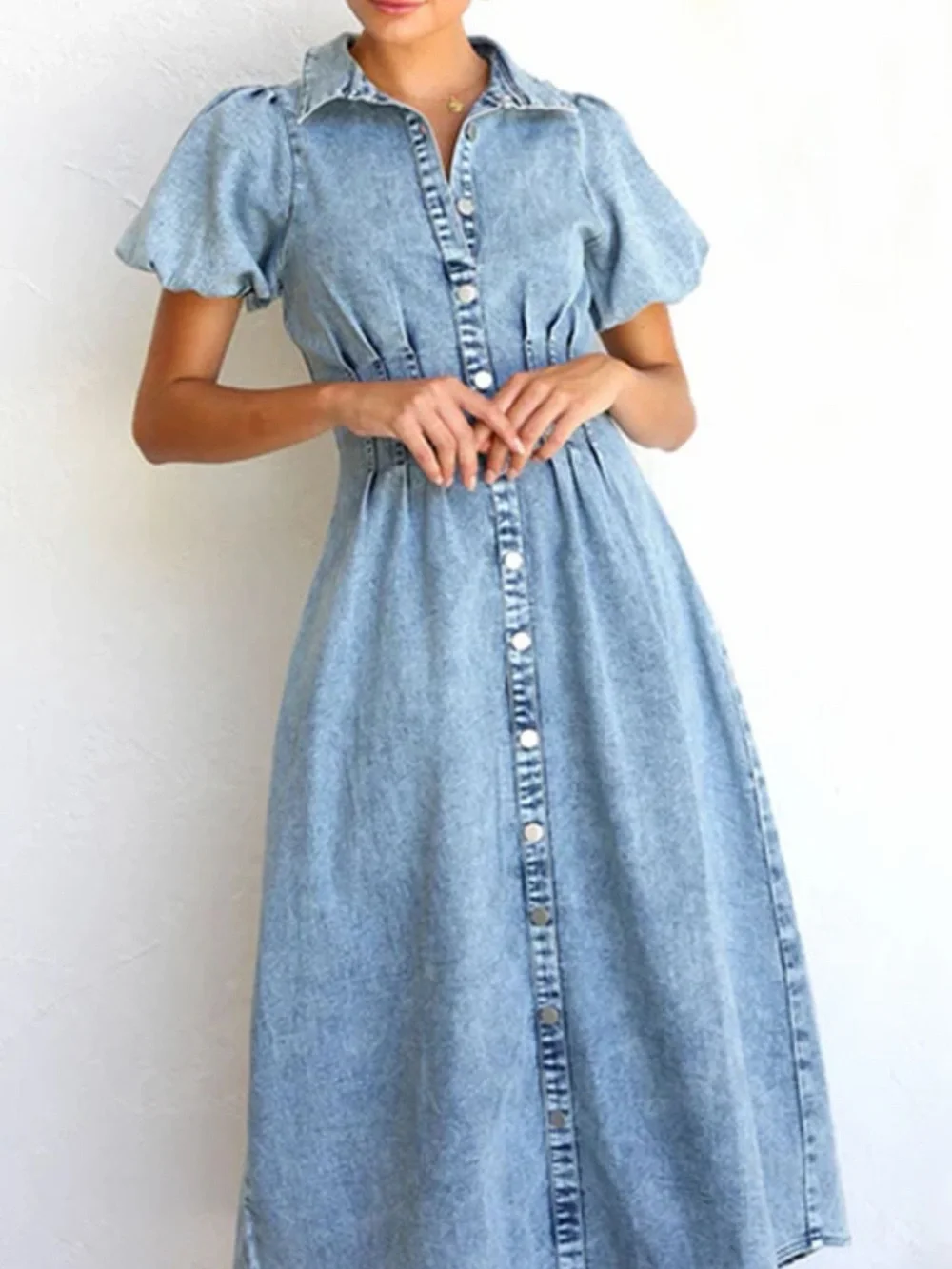 🩵 Puff Sleeve Button Front Denim Midi Dress Light Blue - Picture 3 of 9